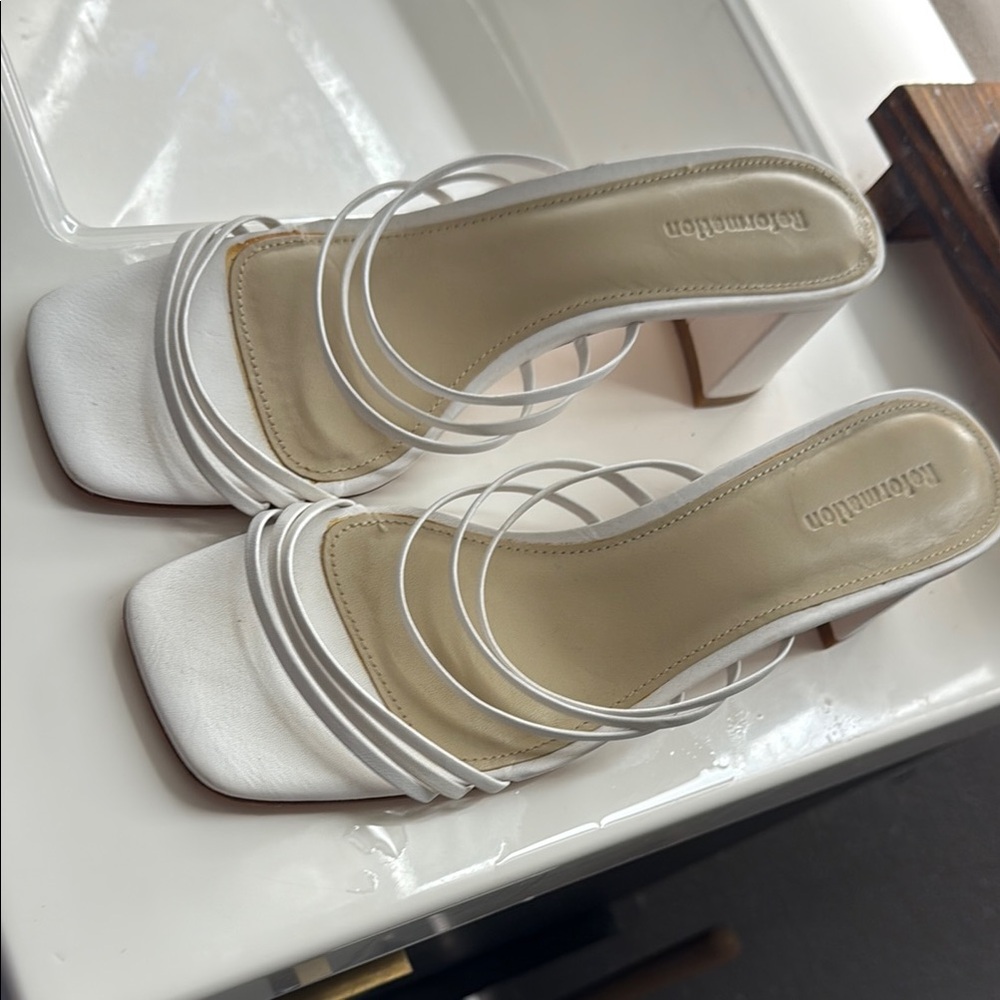 Reformation Cream Strappy Block Heels
